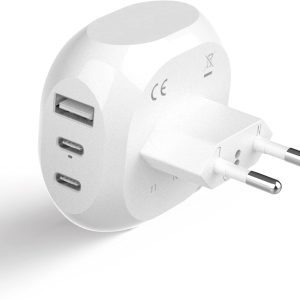 Ceptics European Travel Plug Adapter - 5 Input with 20W PD-QC 3.1A Dual USB-C and USB - Light Weight - USA to Any Type C Countries Such as Italy, Iceland, Austria and More (PTU-9C), White