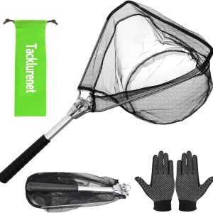 Folding Kayak Fishing Net with Aluminum Alloy Frame Rubber-Coated Nylon Net for Small Fishing Net Fishing Landing Net for Non-Slip Gloves Storage Bag