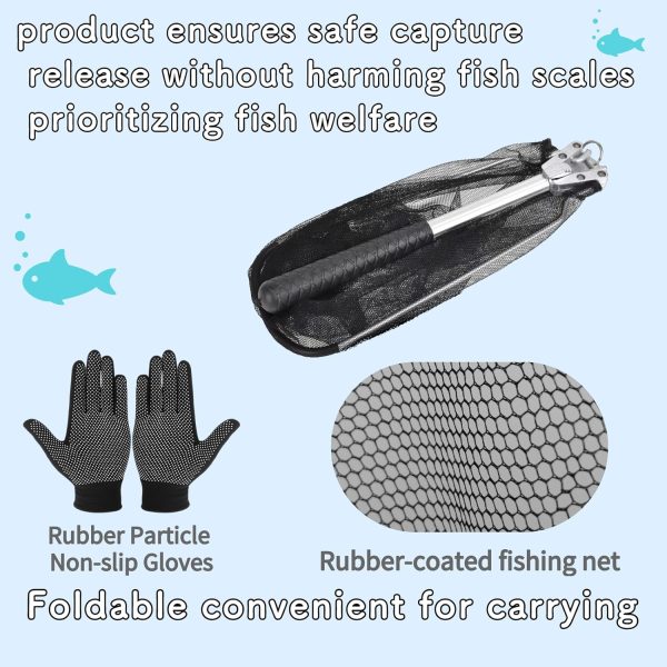 Folding Kayak Fishing Net with Aluminum Alloy Frame Rubber-Coated Nylon Net for Small Fishing Net Fishing Landing Net for Non-Slip Gloves Storage Bag - Image 4